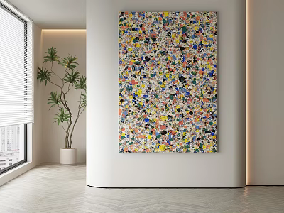 Vibrant Abstract Painting With Colorful Splatter Design In Bright Modern Interior With Potted Plant 3d model