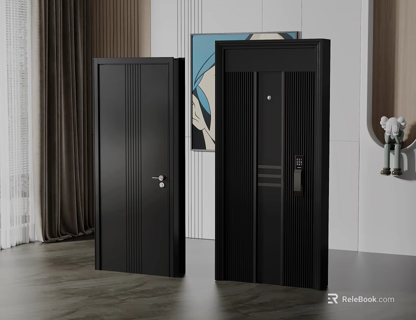 Black Modern Swing Doors with Vertical Lines in Contemporary Interior Design 3d model