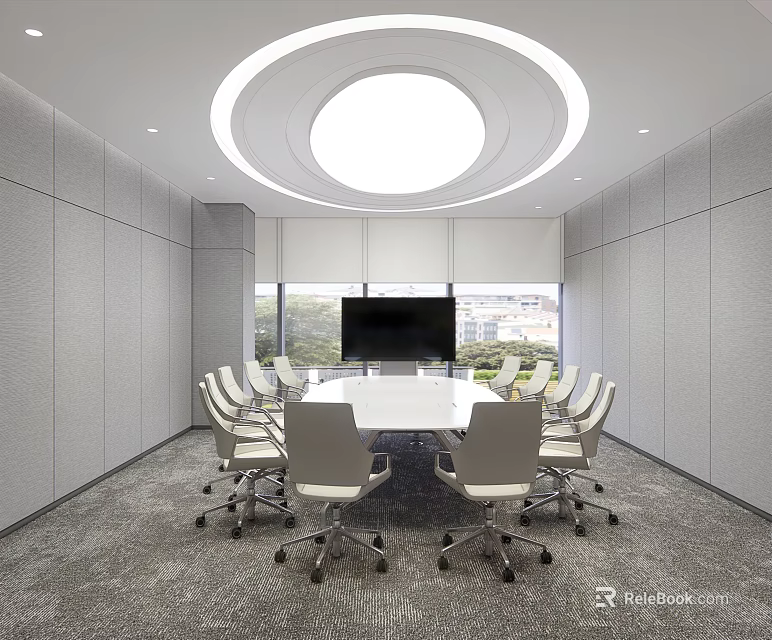Modern Conference Room With Round Ceiling Light White Table Gray Chairs Large TV And Windows 3d model 