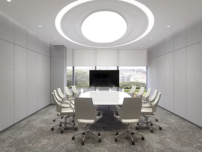 Modern Conference Room With Round Ceiling Light White Table Gray Chairs Large TV And Windows 3d model