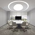 Modern Conference Room With Round Ceiling Light White Table Gray Chairs Large TV And Windows
