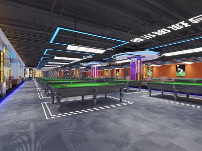 Modern Billiard Room Interior With Multiple Green Felt Pool Tables And Blue Lighting 3d model