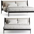 Modern Minimalist Double Bed With Wooden Frame White Pillows Gray Blanket And Soft Mattress