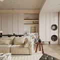 Modern Cozy Living Dining Room Interior With Beige Sofa Patterned Rug And Chandelier
