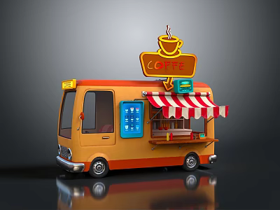 Orange Coffee Truck With COFFEE Sign Red And White Striped Awning And Blue Menu Board 3d model
