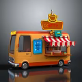 Orange Coffee Truck With COFFEE Sign Red And White Striped Awning And Blue Menu Board