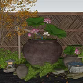 Zen Garden With Large Clay Pot Lotus Flowers Leaves Bamboo Fence Stone Lantern