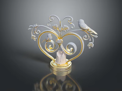 Decorative Ornament With Heart Shape Curly Patterns Birds Leaves Pink Stone And Golden Base 3d model