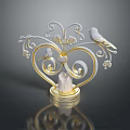 Decorative Ornament With Heart Shape Curly Patterns Birds Leaves Pink Stone And Golden Base
