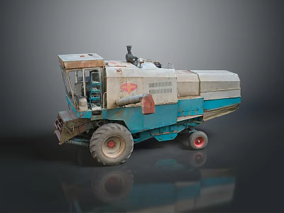 Blue And White Agricultural Harvester With Large Wheels And Cabin Structure 3d model