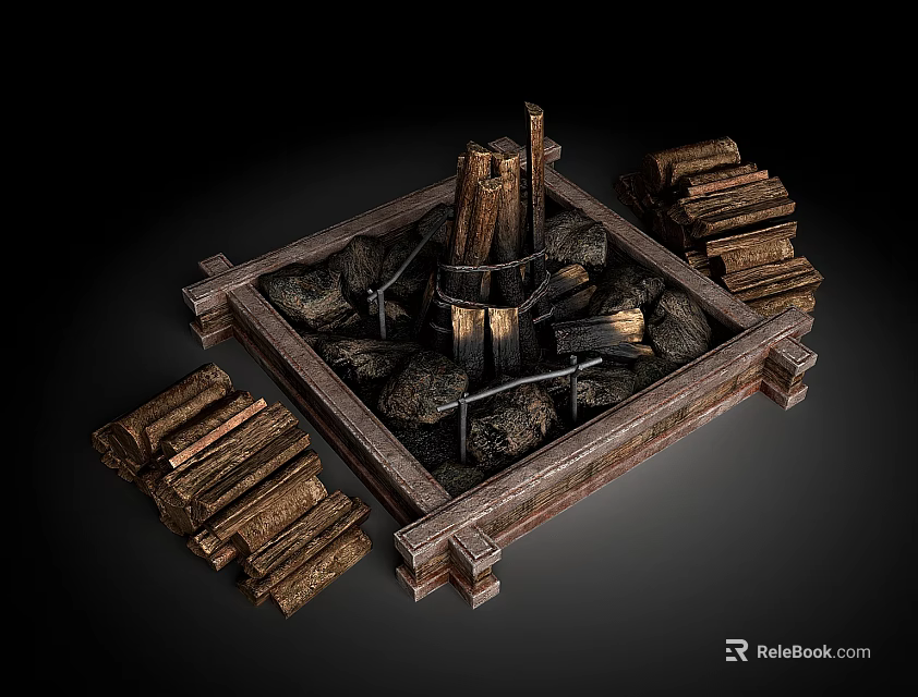 Square Fireplace With Wooden Frame And Surrounding Wood Logs And Stones 3d model 