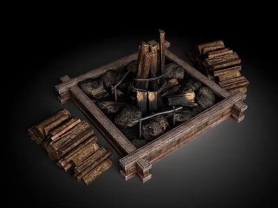 Square Fireplace With Wooden Frame And Surrounding Wood Logs And Stones 3d model