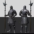 Medieval Man in Full Armor Holding Spear Front and Back View 3d model