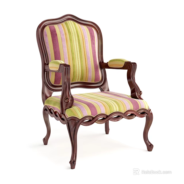 Vintage Style Accent Chair With Green Pink Yellow Striped Fabric And Carved Wooden Frame 3d model 
