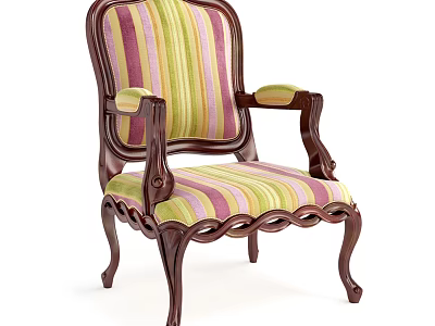 Vintage Style Accent Chair With Green Pink Yellow Striped Fabric And Carved Wooden Frame 3d model
