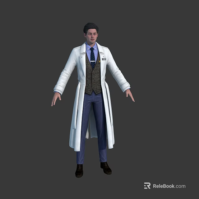 Doctor Character 3D Model In White Coat Blue Tie And Striped Pants 3d model 