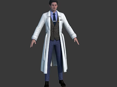 Doctor Character 3D Model In White Coat Blue Tie And Striped Pants 3d model