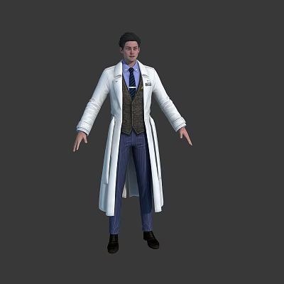 Doctor Character 3D Model In White Coat Blue Tie And Striped Pants 3d model