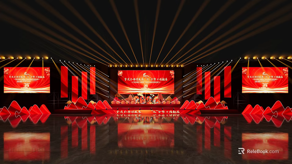 Red Themed Event Entrance Stage With Backdrop Lighting And Decorative Elements 3d model
