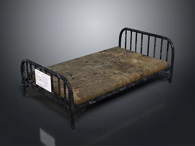 Vintage Metal Bed Frame Featuring Worn Brown Mattress And Black Metal Rails 3d model
