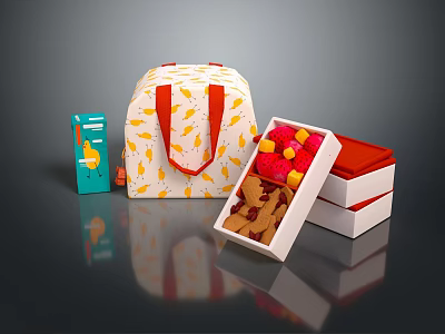 Yellow Bird Pattern on Blue Box with White Handbag and Open Boxes of Colorful Candies 3d model
