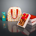 Yellow Bird Pattern on Blue Box with White Handbag and Open Boxes of Colorful Candies