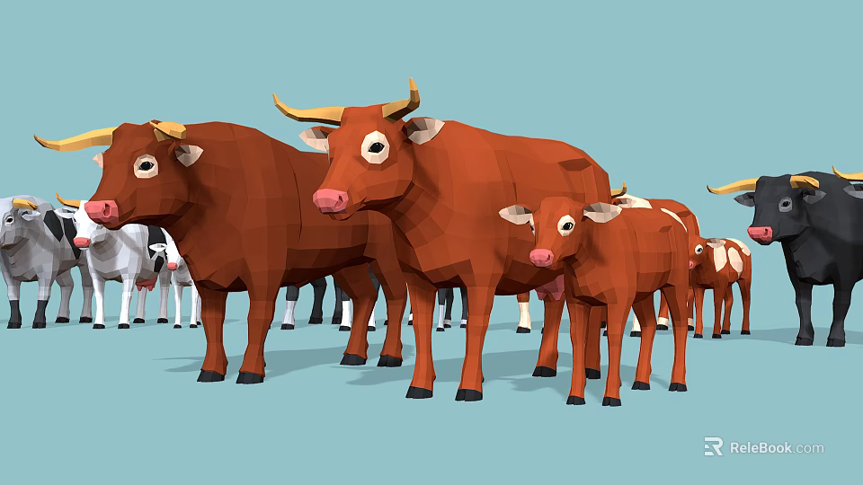 Low Poly Style Cows In Group With Adult And Calf In Brown White Colors 3d model 