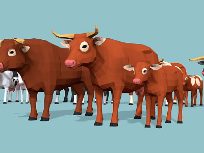 Low Poly Style Cows In Group With Adult And Calf In Brown White Colors 3d model