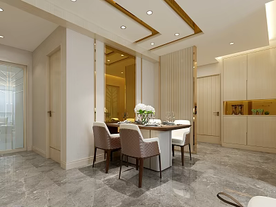 Elegant Modern Restaurant Interior With Dining Table Chairs Ceiling Lights Marble Floor And Light Cabinets 3d model