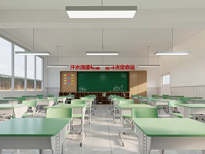 Bright Spacious School Classroom With Green Desks Chairs Blackboard And Windows 3d model