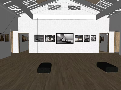 Art Gallery Space With White Walls Hanging Artworks Dark Wooden Floor And Black Cushions 3d model