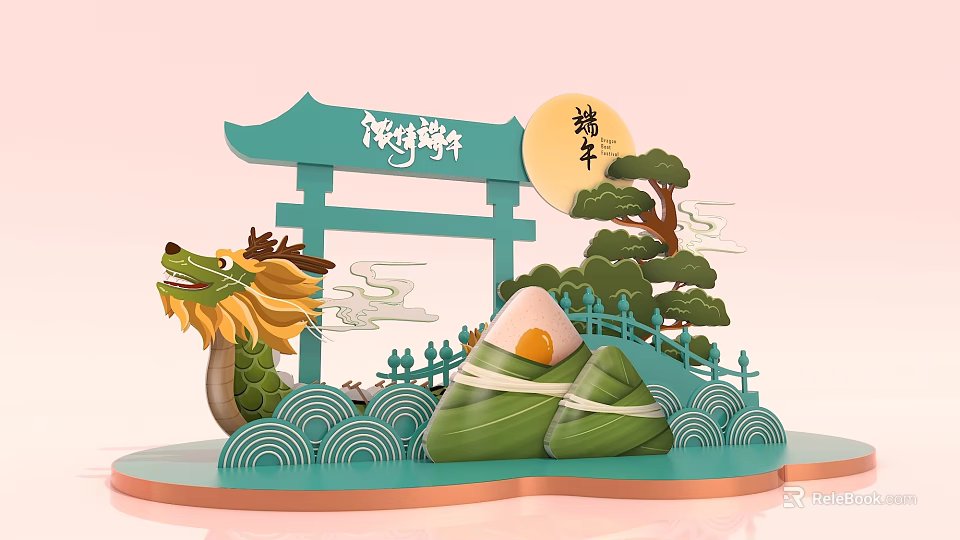 Traditional Dragon Boat Festival Scene With Dragon Boat Zongzi Archway And Pine Tree 3d model 
