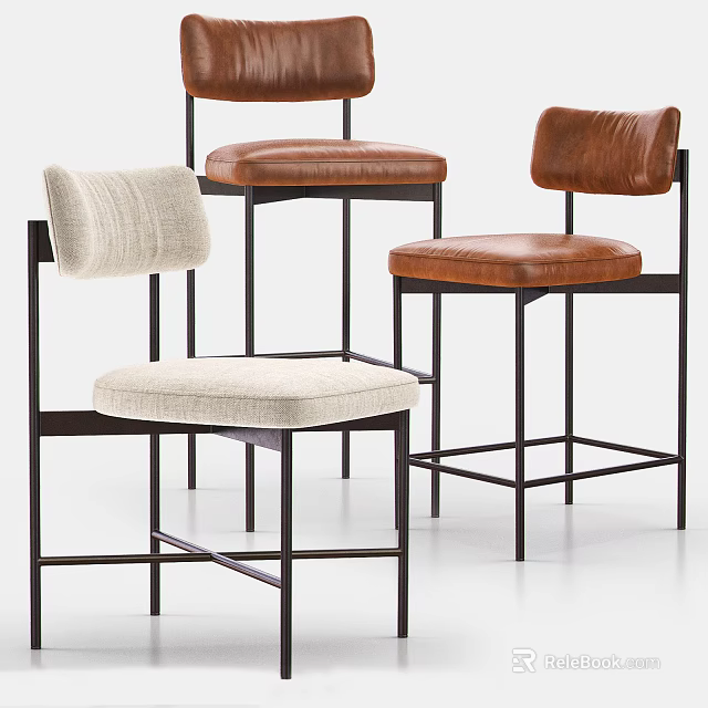 Modern Bar Stools With Leather And Fabric Seats And Black Metal Frames 3d model