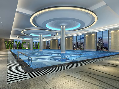 Modern Indoor Swimming Pool With Large Windows Circular Lighting And City View 3d model