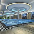 Modern Indoor Swimming Pool With Large Windows Circular Lighting And City View