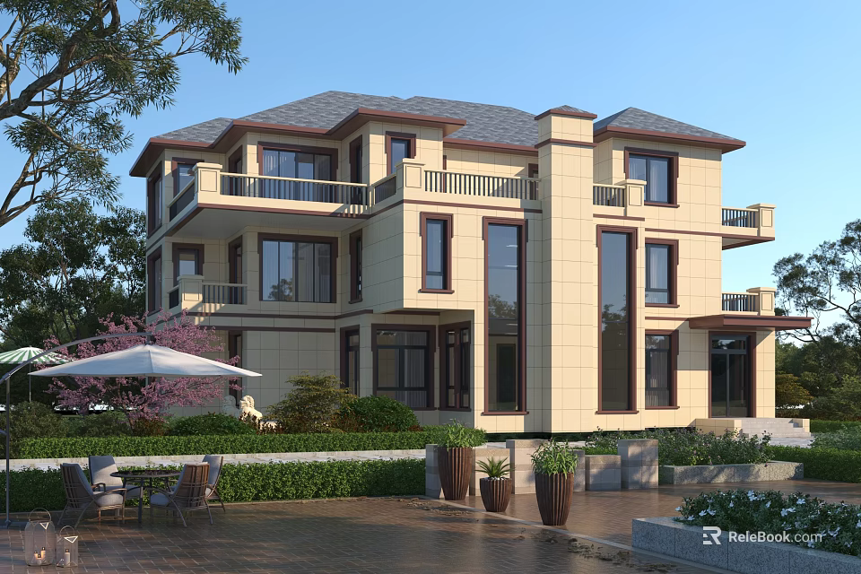 Detached Villa Featuring Beige Exterior Dark Roof Large Windows Balconies and Garden with Outdoor Seating 3d model 
