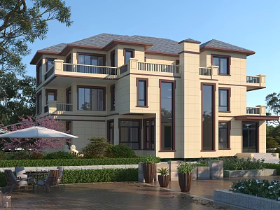 Detached Villa Featuring Beige Exterior Dark Roof Large Windows Balconies and Garden with Outdoor Seating 3d model