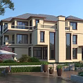 Detached Villa Featuring Beige Exterior Dark Roof Large Windows Balconies and Garden with Outdoor Seating