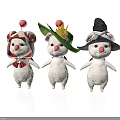 Three Adorable White Animals With Red Noses Wearing Colorful Decorative Hats