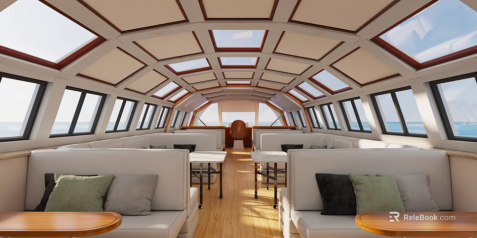 Spacious Ship Interior With Sofas Tables And Skylights 3d model