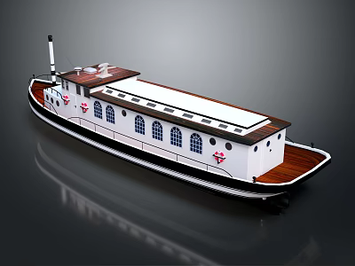 Vintage Passenger Steamship With White Hull Wooden Deck And Life Rings 3d model