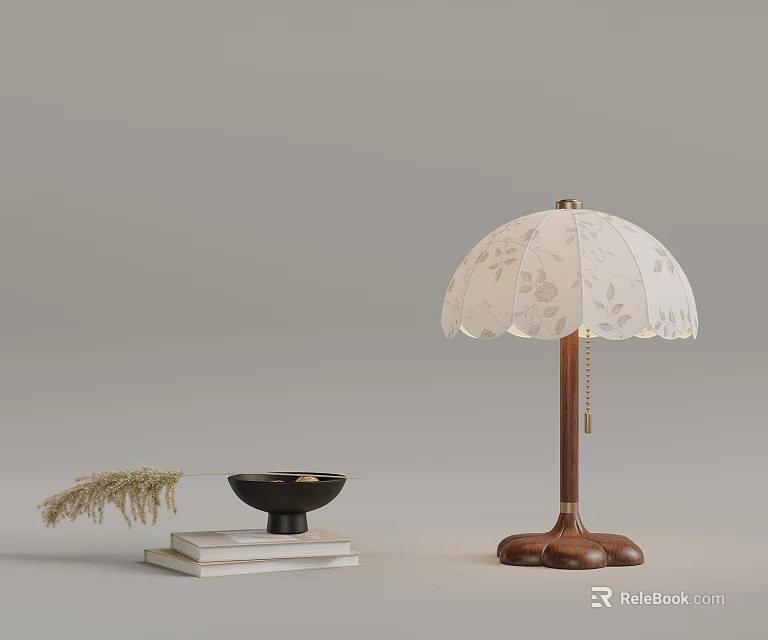 Stylish White Floral Pattern Table Lamp Featuring Wooden Pole Base and Books Stack Black Bowl 3d model