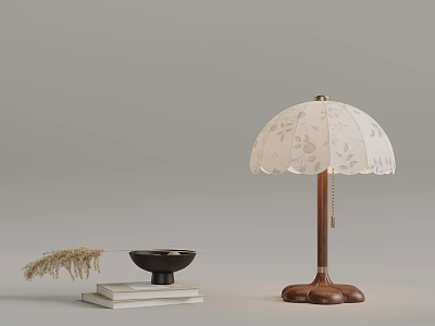 Stylish White Floral Pattern Table Lamp Featuring Wooden Pole Base and Books Stack Black Bowl 3d model