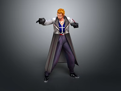 Man With Orange Hair White Shirt Blue Vest Gray Coat Purple Pants Black Gloves Posing 3d model