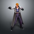Man With Orange Hair White Shirt Blue Vest Gray Coat Purple Pants Black Gloves Posing