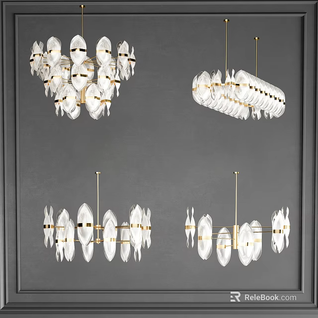 Elegant Modern Glass Chandeliers With Gold Metal Frames And Geometric Shapes 3d model 