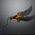 Fantasy Twin Blades Weapon With Golden Claw Handle Red Grip Serrated Blades And Silver Chain