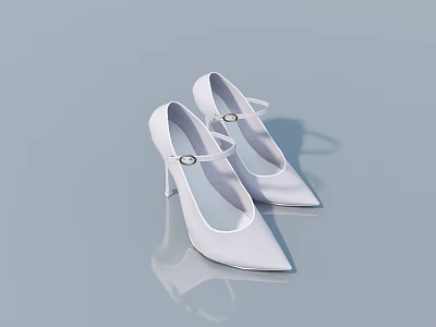White Pointed Toe Stiletto Heels With Metal Buckle On Light Blue Background 3d model