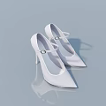 White Pointed Toe Stiletto Heels With Metal Buckle On Light Blue Background