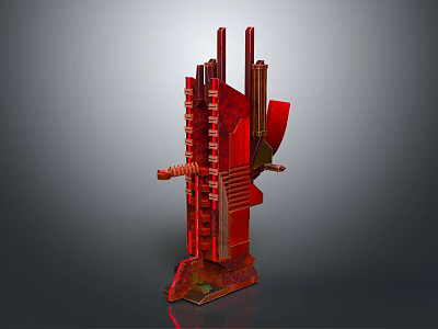 Red Complex Industrial Equipment With Mechanical Structure Vertical Horizontal Components And Base Stand 3d model
